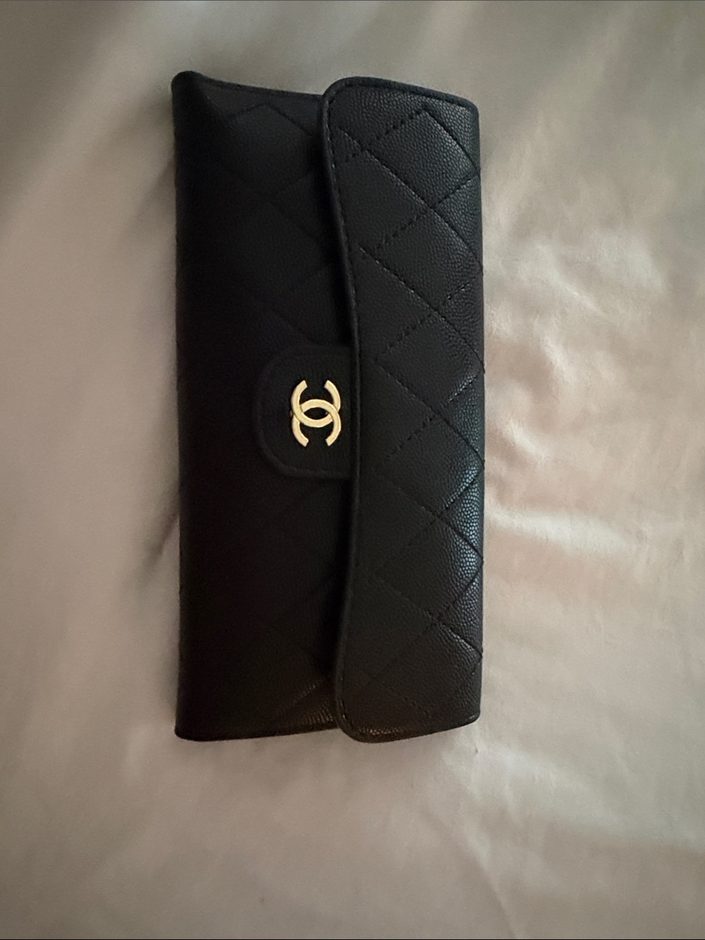 MBlack Quilted Leather Long Wallet with Gold CC Logo
